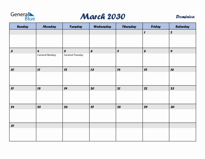 March 2030 Calendar with Holidays in Dominica