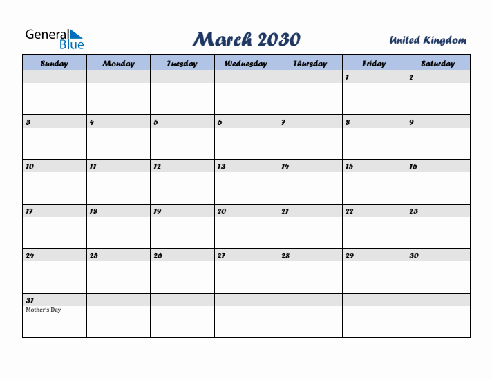 March 2030 Calendar with Holidays in United Kingdom