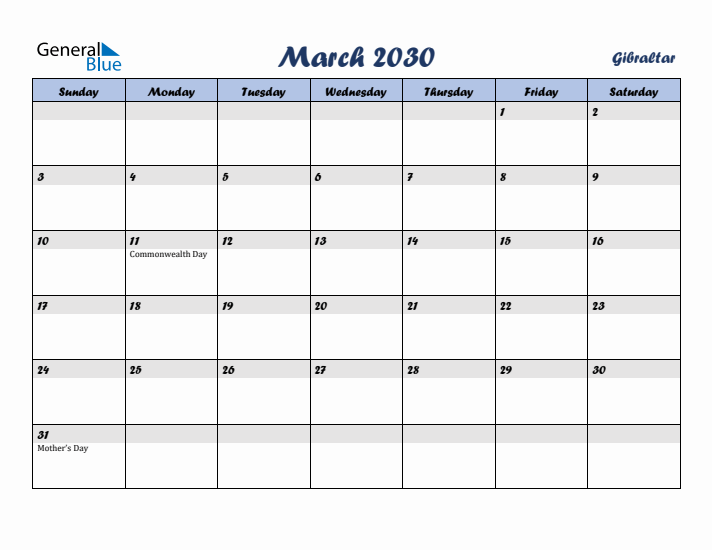 March 2030 Calendar with Holidays in Gibraltar