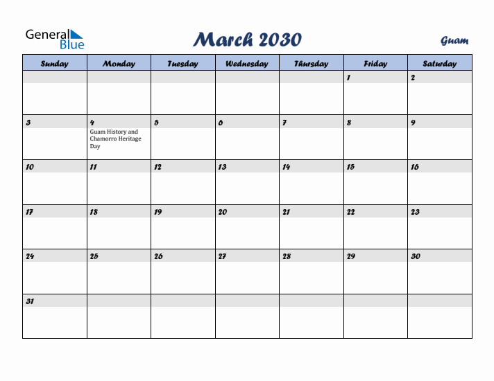 March 2030 Calendar with Holidays in Guam