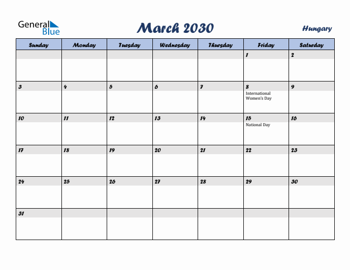 March 2030 Calendar with Holidays in Hungary