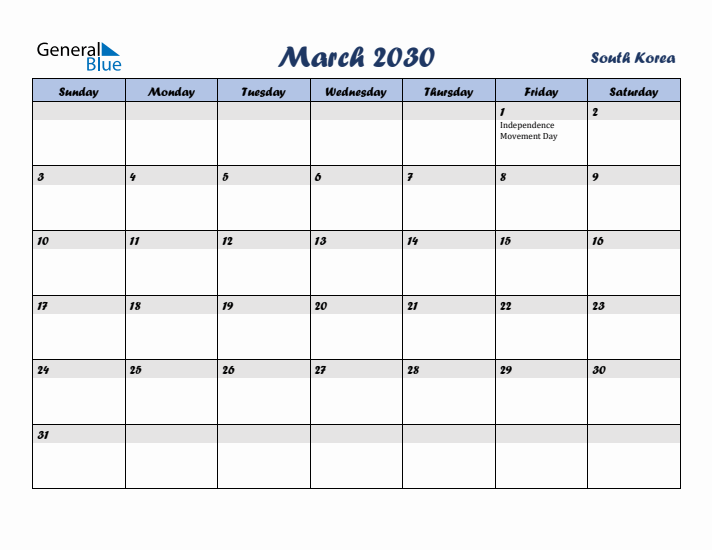 March 2030 Calendar with Holidays in South Korea