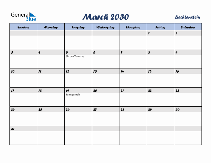 March 2030 Calendar with Holidays in Liechtenstein