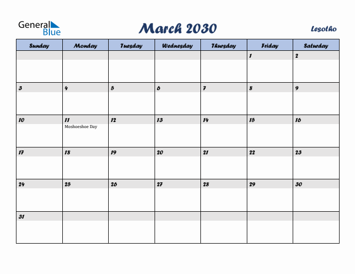 March 2030 Calendar with Holidays in Lesotho