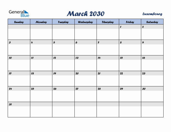 March 2030 Calendar with Holidays in Luxembourg