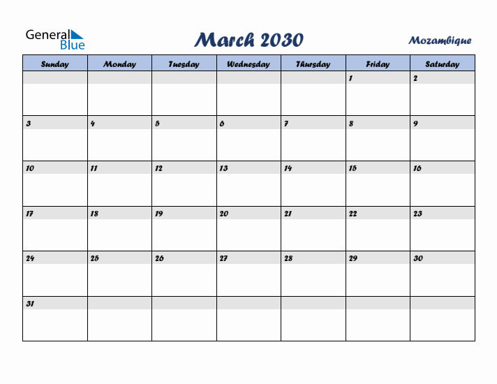 March 2030 Calendar with Holidays in Mozambique