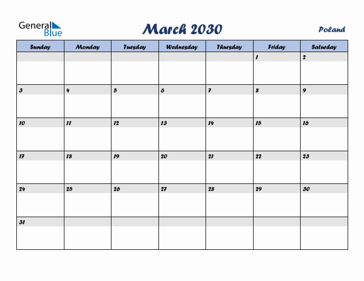 March 2030 Calendar with Holidays in Poland