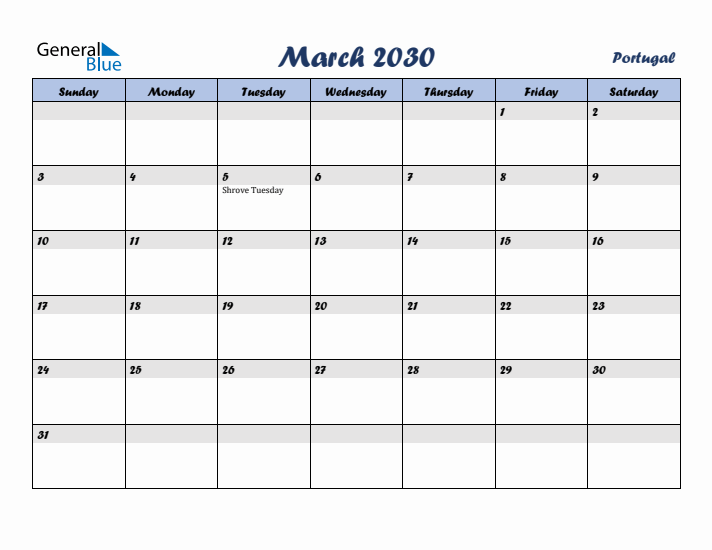 March 2030 Calendar with Holidays in Portugal