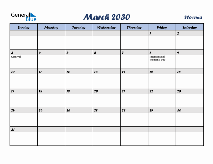 March 2030 Calendar with Holidays in Slovenia