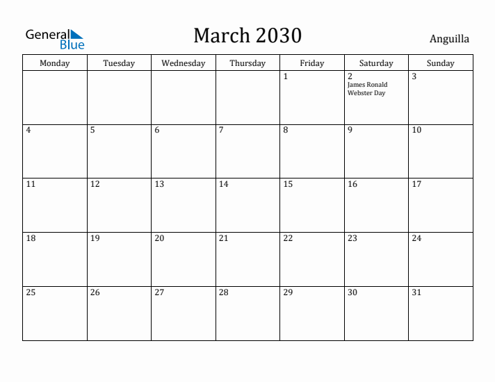 March 2030 Calendar Anguilla