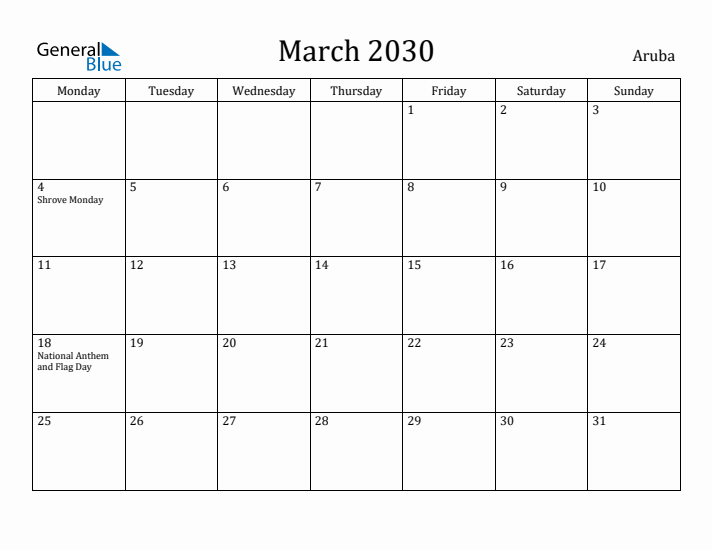 March 2030 Calendar Aruba