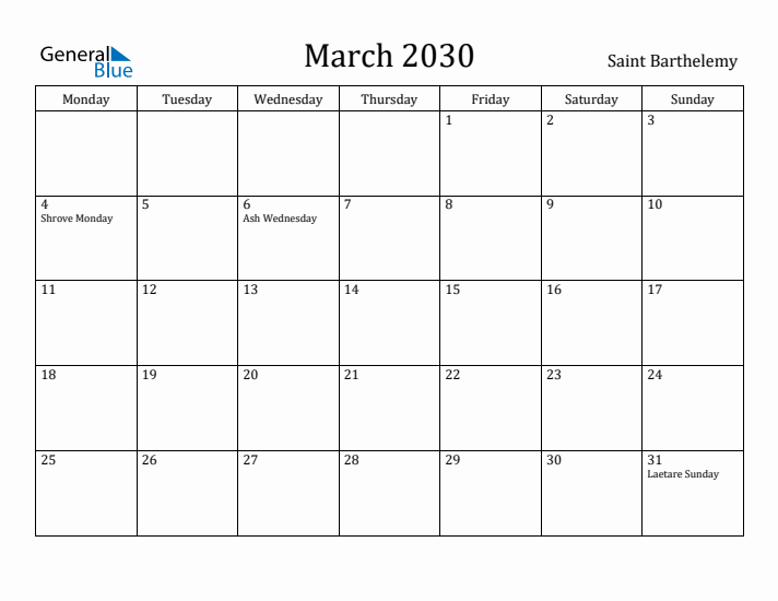 March 2030 Calendar Saint Barthelemy