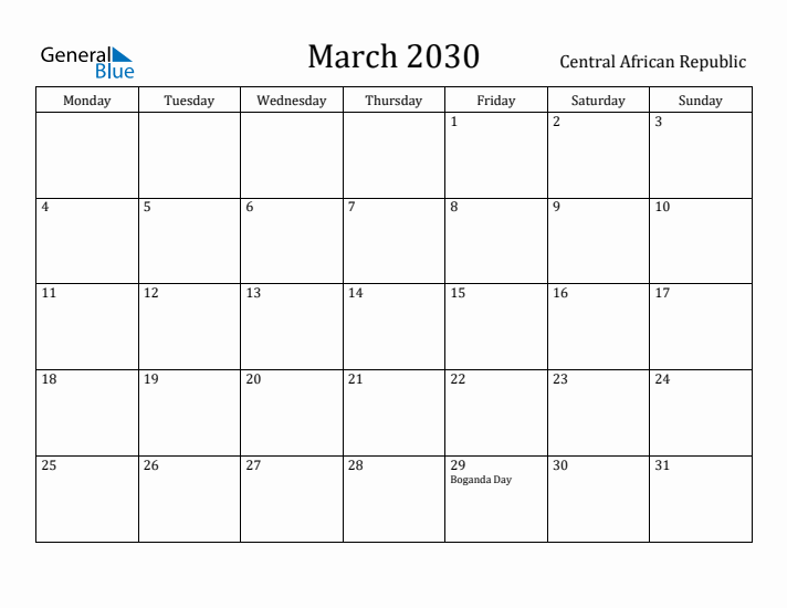 March 2030 Calendar Central African Republic