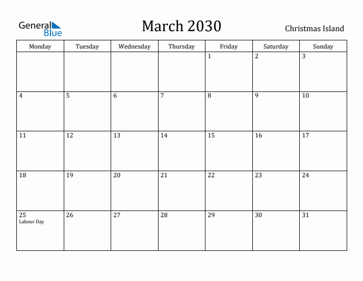 March 2030 Calendar Christmas Island