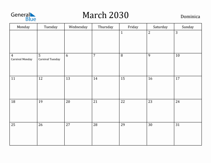 March 2030 Calendar Dominica