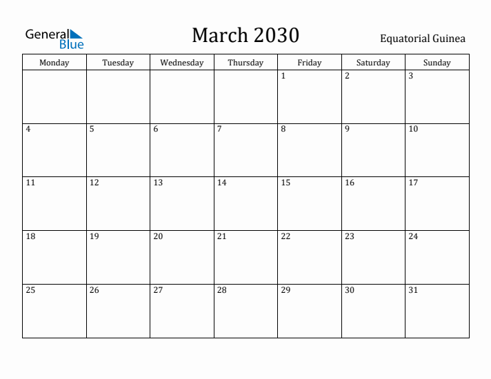 March 2030 Calendar Equatorial Guinea