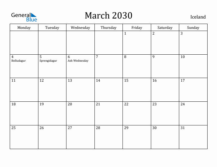 March 2030 Calendar Iceland