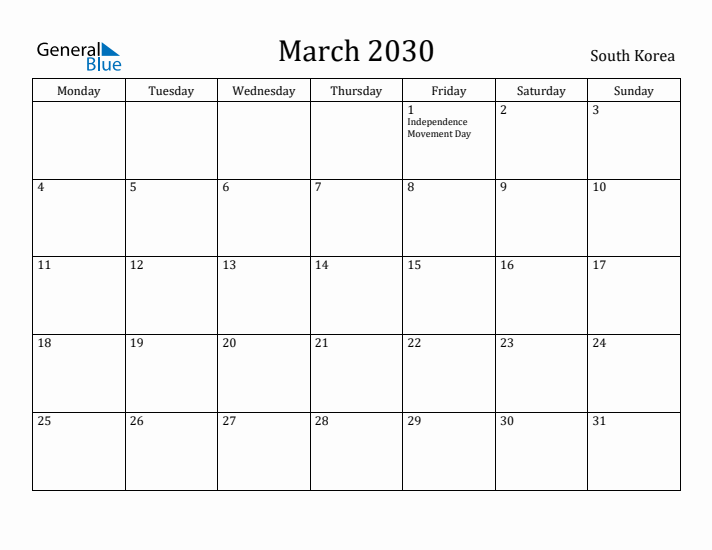 March 2030 Calendar South Korea