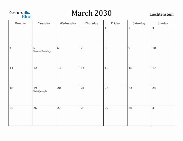 March 2030 Calendar Liechtenstein