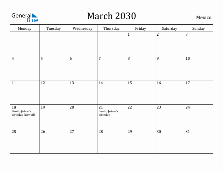 March 2030 Calendar Mexico