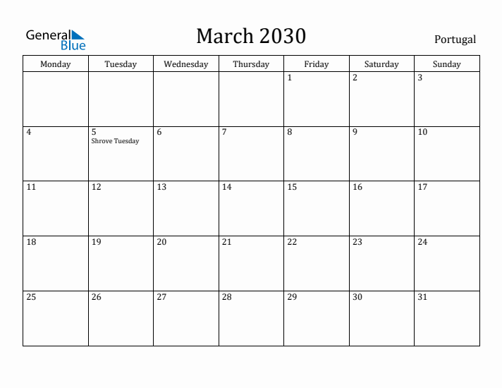 March 2030 Calendar Portugal