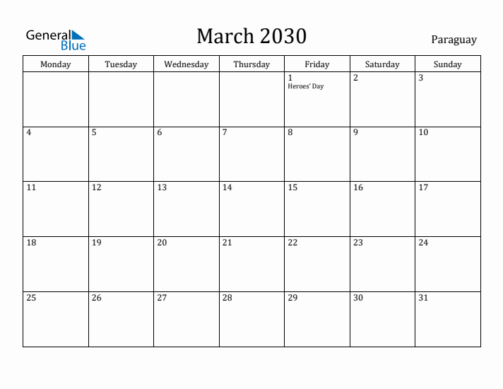 March 2030 Calendar Paraguay