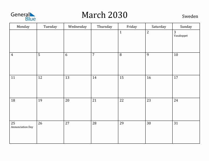 March 2030 Calendar Sweden