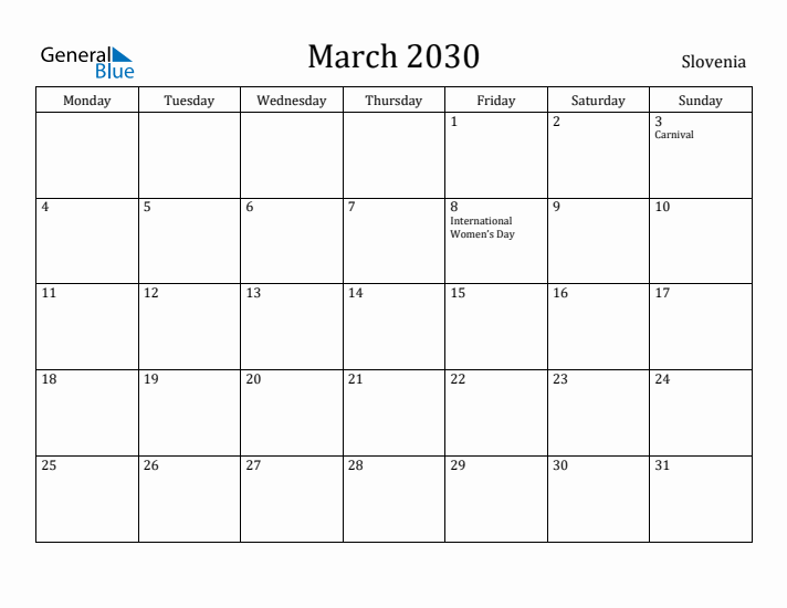 March 2030 Calendar Slovenia