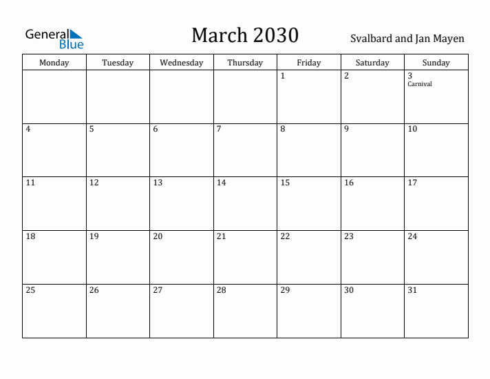 March 2030 Calendar Svalbard and Jan Mayen