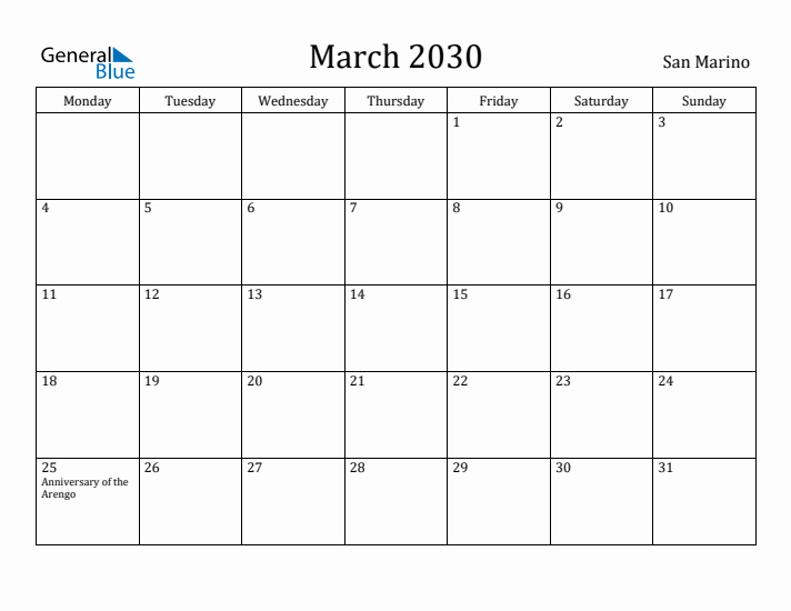 March 2030 Calendar San Marino