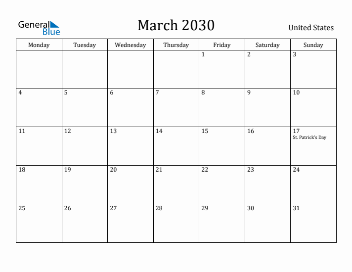 March 2030 Calendar United States