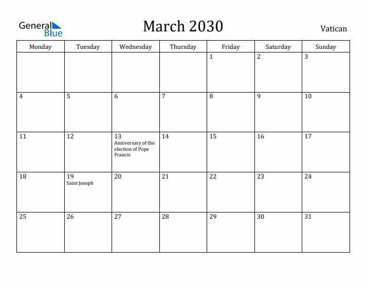 March 2030 Calendar Vatican