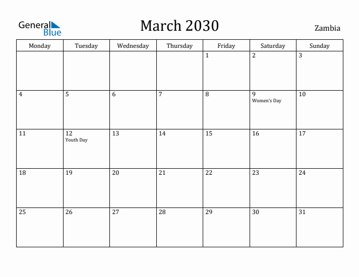 March 2030 Calendar Zambia