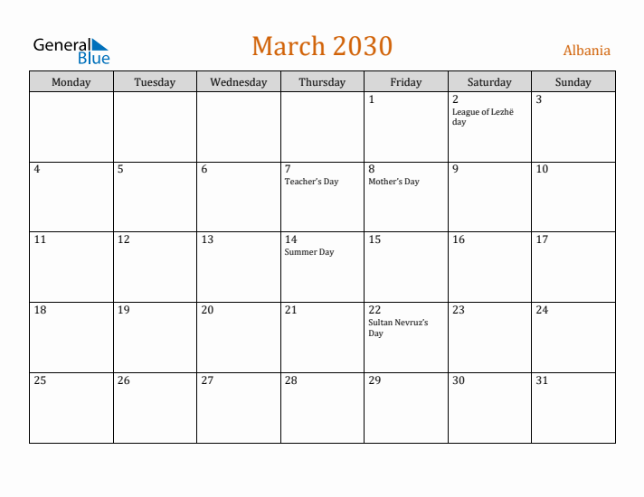 March 2030 Holiday Calendar with Monday Start