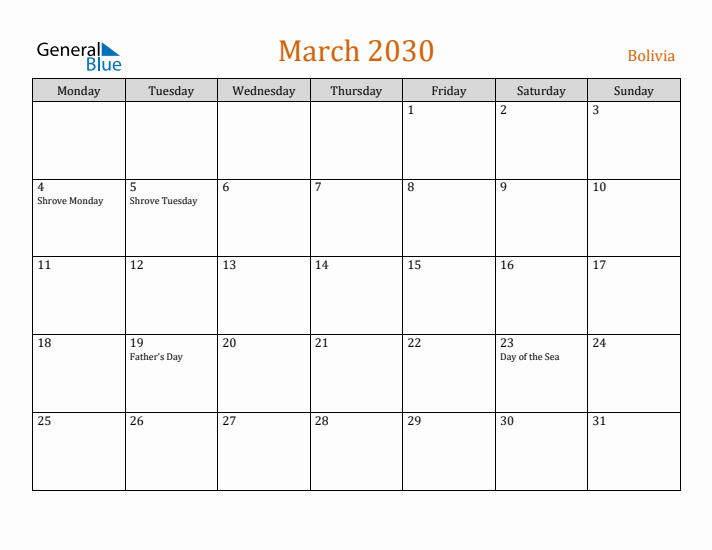 March 2030 Holiday Calendar with Monday Start