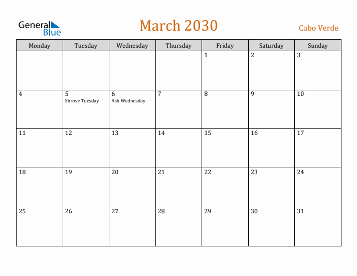 March 2030 Holiday Calendar with Monday Start