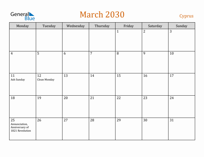 March 2030 Holiday Calendar with Monday Start