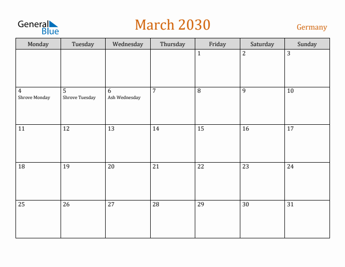 March 2030 Holiday Calendar with Monday Start