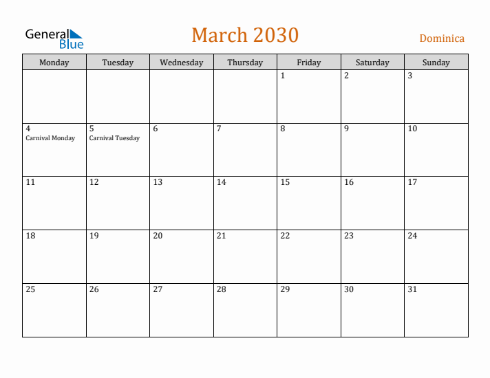 March 2030 Holiday Calendar with Monday Start