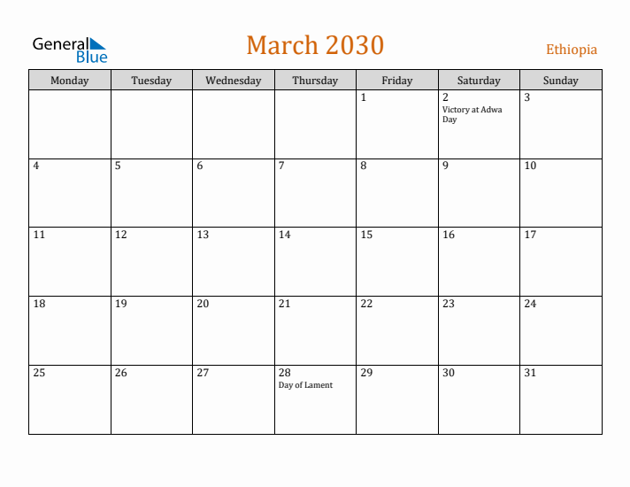 March 2030 Holiday Calendar with Monday Start