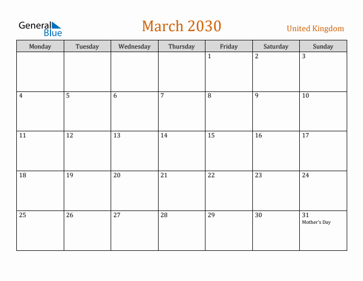 March 2030 Holiday Calendar with Monday Start