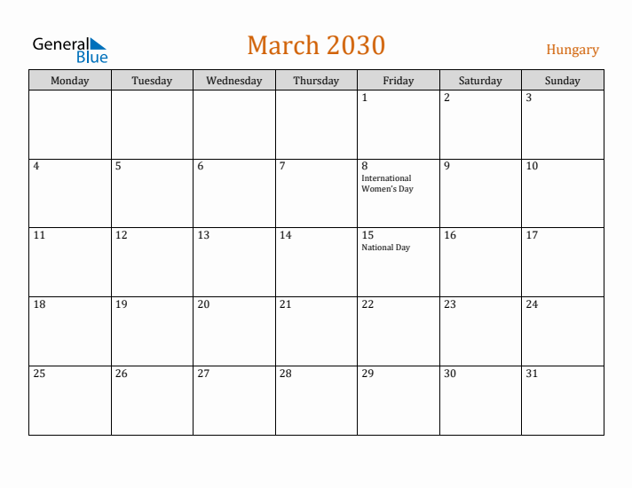 March 2030 Holiday Calendar with Monday Start