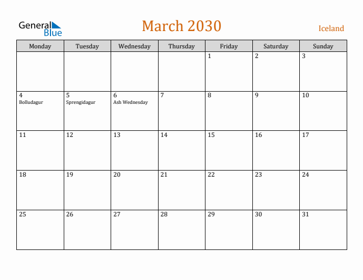 March 2030 Holiday Calendar with Monday Start