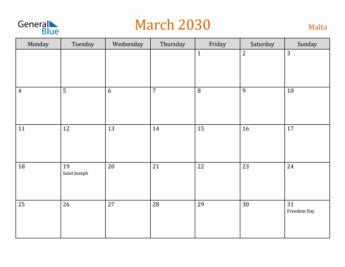 March 2030 Holiday Calendar with Monday Start