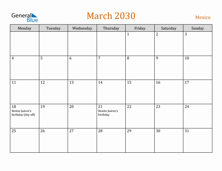 March 2030 Holiday Calendar with Monday Start