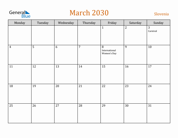 March 2030 Holiday Calendar with Monday Start