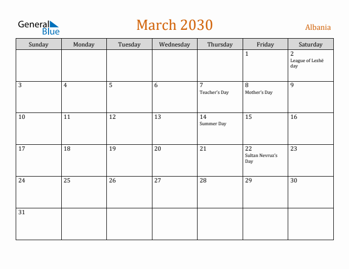 March 2030 Holiday Calendar with Sunday Start