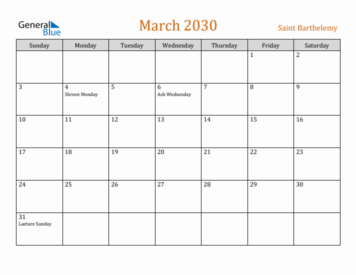 March 2030 Holiday Calendar with Sunday Start