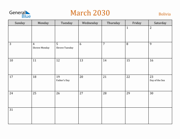 March 2030 Holiday Calendar with Sunday Start