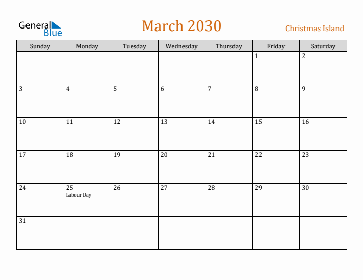 March 2030 Holiday Calendar with Sunday Start